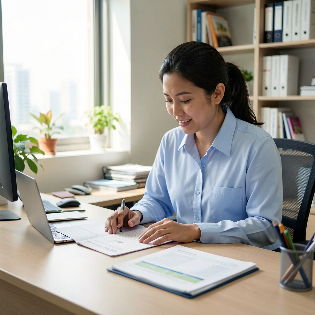 Otaleven nutrition specialist reviewing formulation documentation at a desk in a Jakarta office environment with natural light