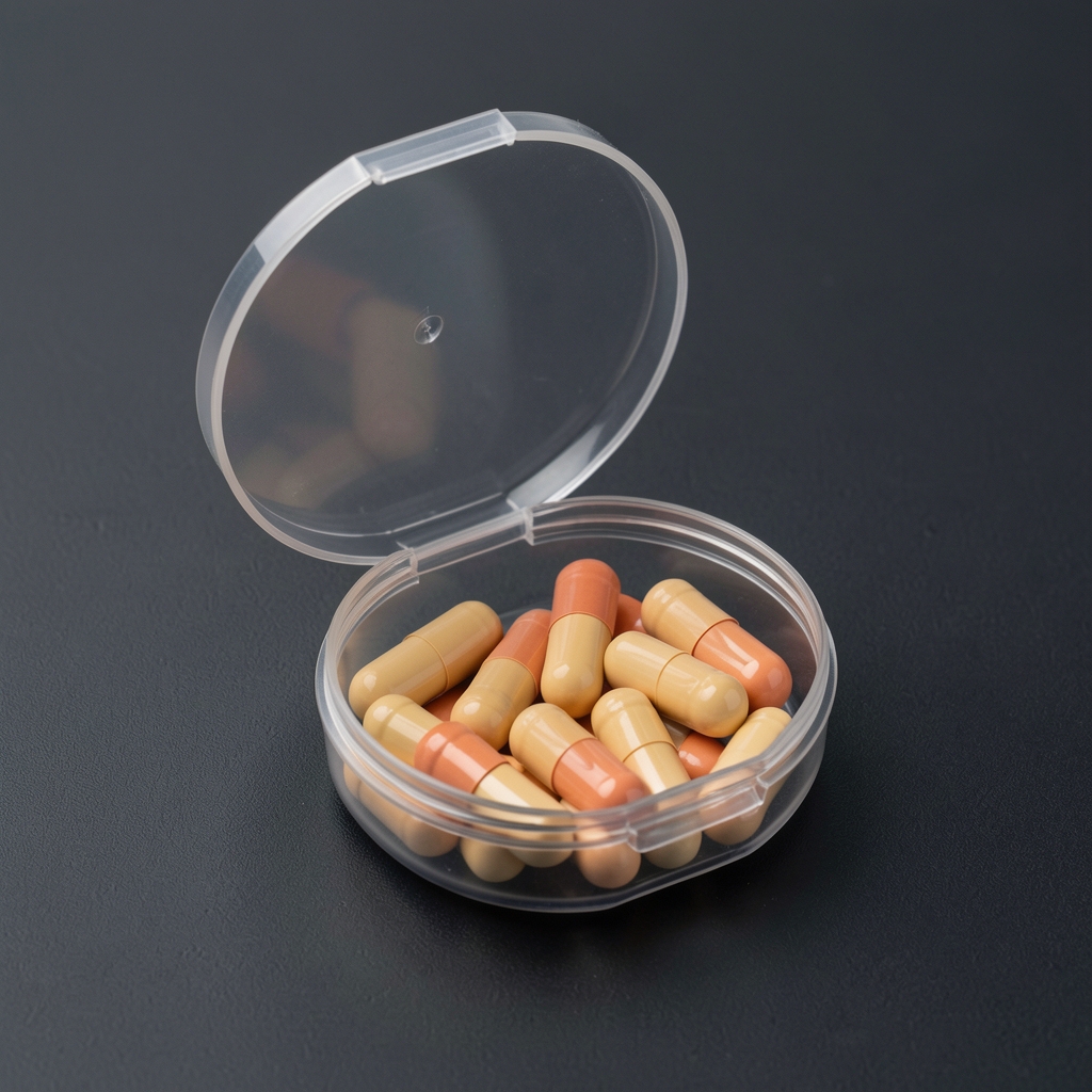 Open supplement container showing precisely measured capsules arranged on a matte dark surface in controlled studio lighting
