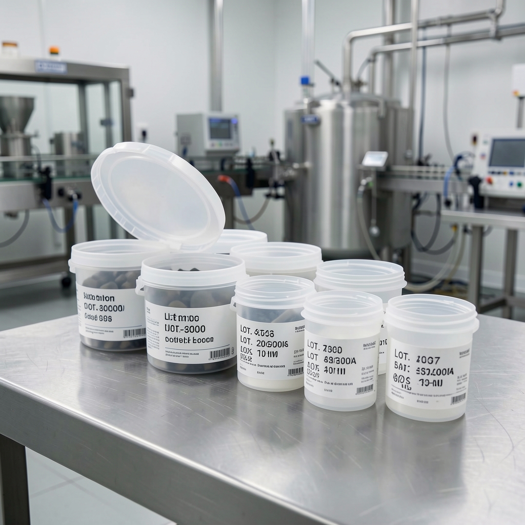 Open supplement batch containers on a stainless steel table inside the Otaleven Jakarta facility with lot-coding labels visible under controlled studio lighting