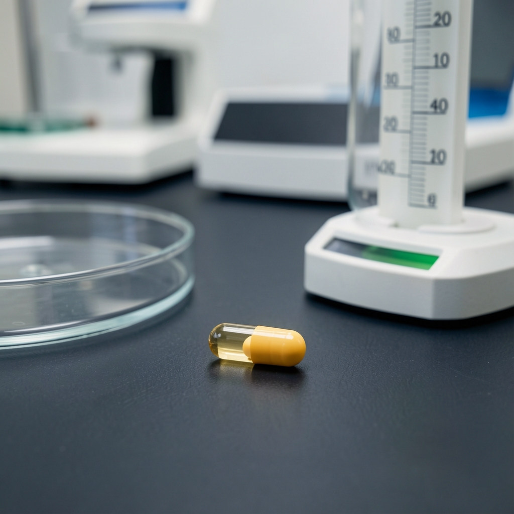 CoQ10 supplement capsule on a dark surface with a petri dish and measuring instrument visible in the background in a quality-control environment
