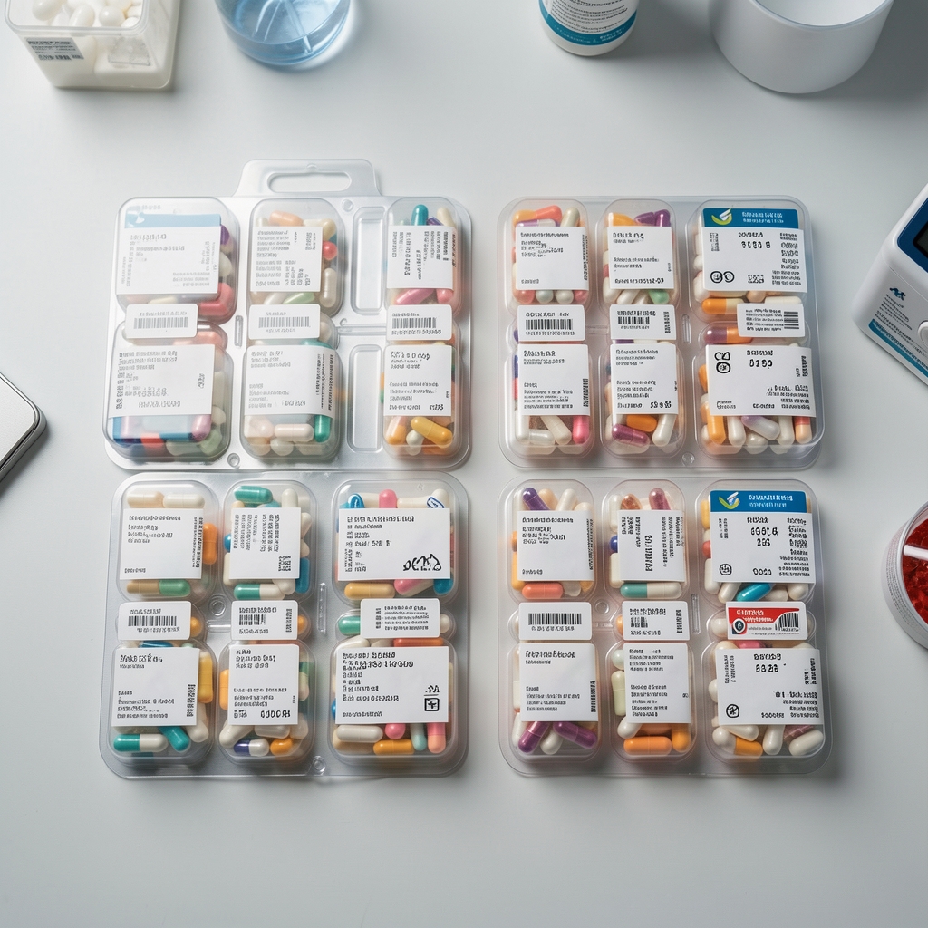 Overhead view of supplement capsule trays arranged in a quality-control environment showing batch-coded labelling under controlled studio lighting