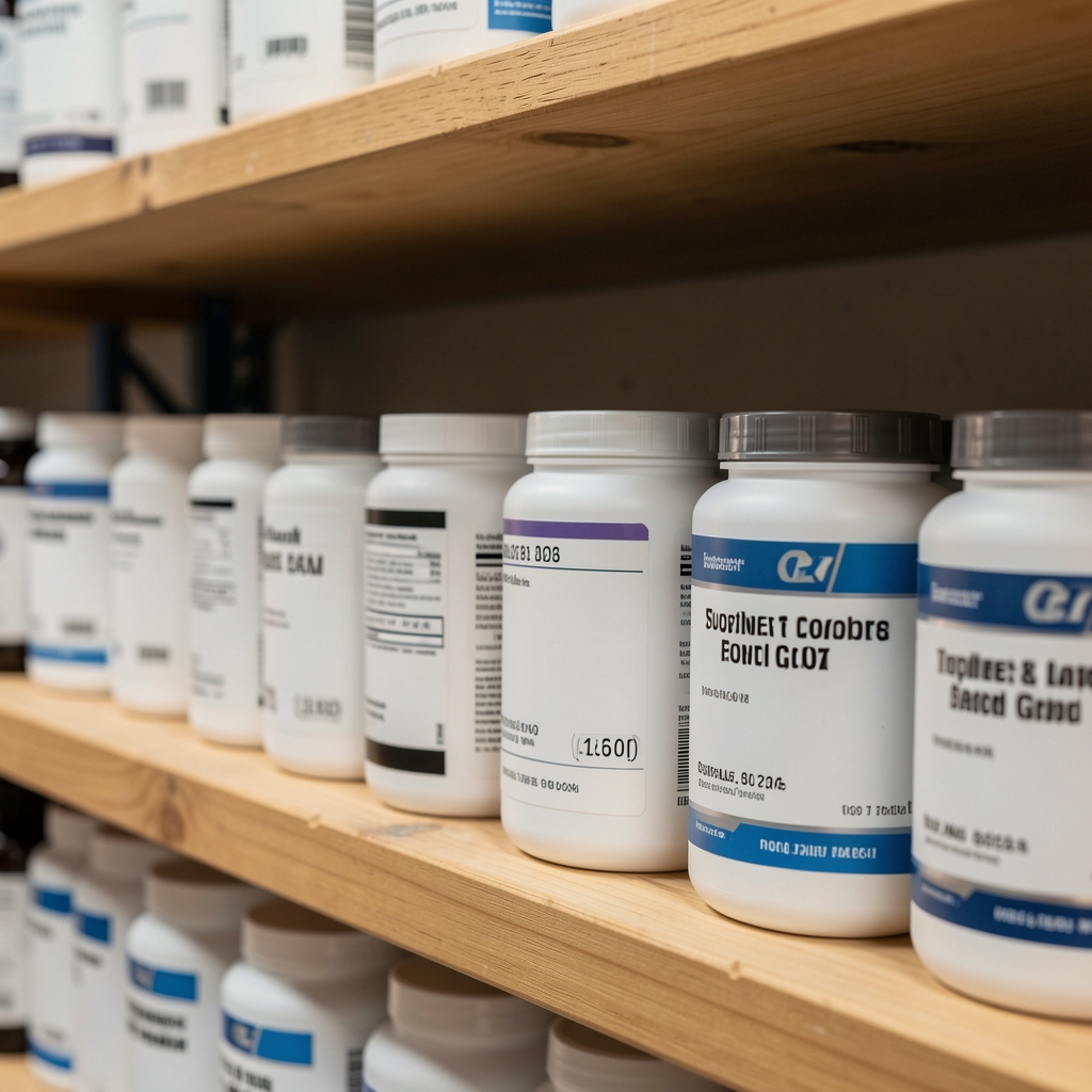 Close-up of supplement ingredient containers with lot number labels on wooden shelving in a food-grade storage environment